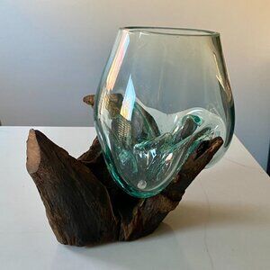 Handmade Art Glass Wood Vase Blown Molten Glass Bowl Teak Base Terrarium NEW